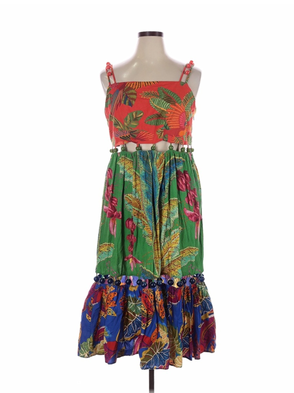 FARM Rio Colorful Mixed-Print Tiered Beased Midi Dress in Red, Green & Blue - Picture 5 of 16
